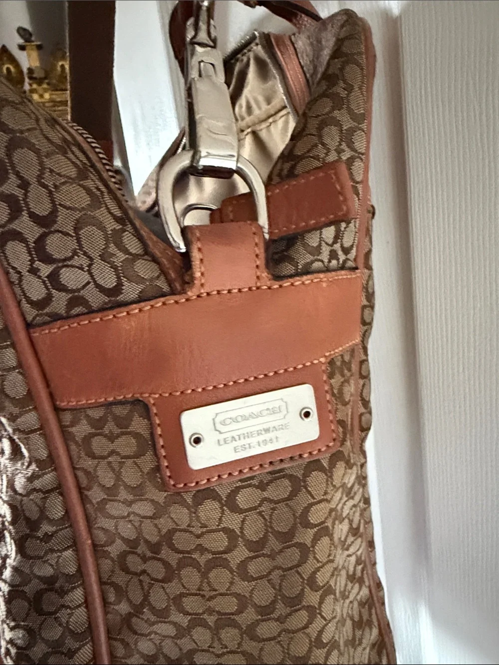 Large Coach Signature Canvas Briefcase with Tan Leather Trim